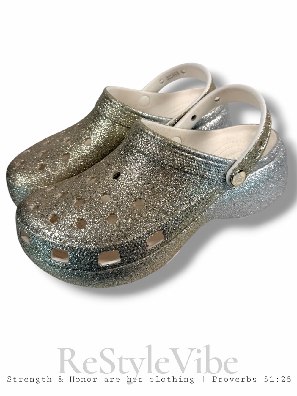 CROCS Women’s Size 10 Shoes Slip On Platform Style Glitter Gold Silver